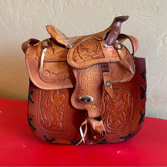 Vintage Western Tooled Leather Horse Saddle Purse Shoulder Bag Brown - Picture 3 of 10